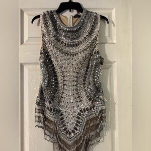 Silver and White Beaded Fringe Leotard